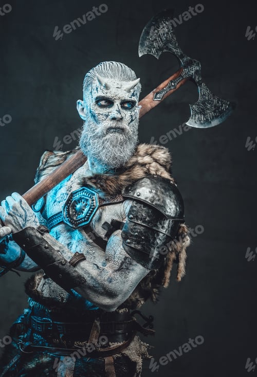 Preview: Twilight and savage warrior with pale skin and axe in moonlight