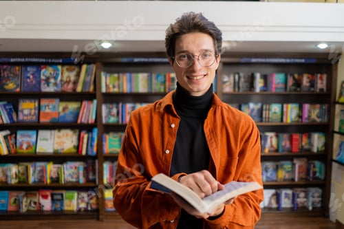 Preview: portrait of a young guy in glasses with a book in his hands in the library preparing exams