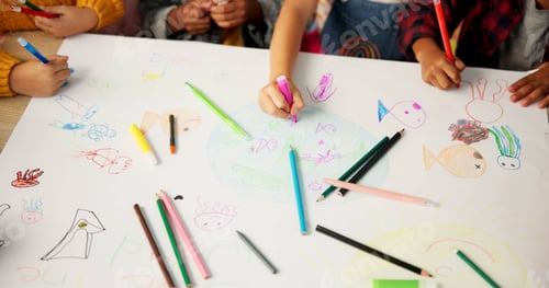 Preview: Children, friends and hands drawing for creative project or school academy for art class, learning