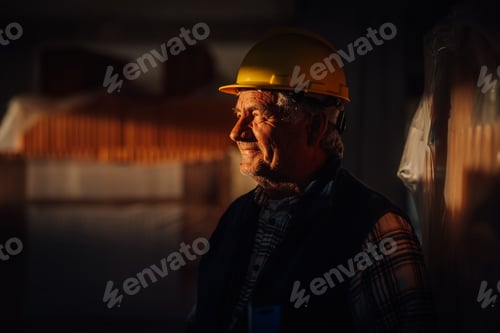 Preview: Senior construction worker wearing hard hat smiling in warehouse