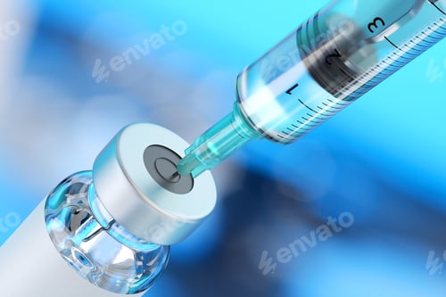 Preview: Medical syringe for vaccine injection and glass vial. 3D rendering.