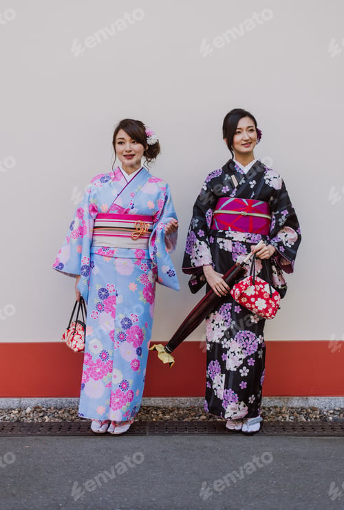 Preview: Two japanese girls wearing kimonos traditional clothes, lifestyle moments