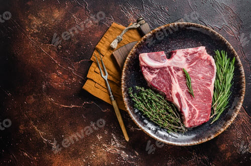 Preview: Dry aged Raw porterhouse beef meat Steak, fresh T bone on rustic plate with spices. Dark background
