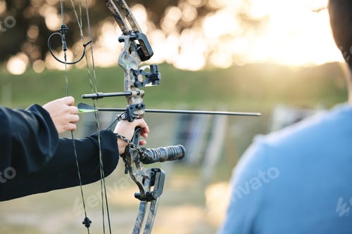 Preview: Archery, closeup and target training with an instructor on field for hobby, aim and control. Arrow,