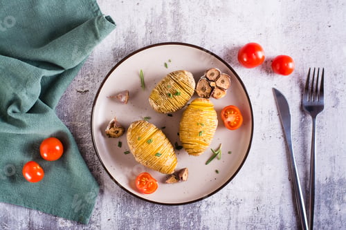 Preview: Delicious homemade baked hasselback potatoes with garlic and rosemary on a plate. Top view