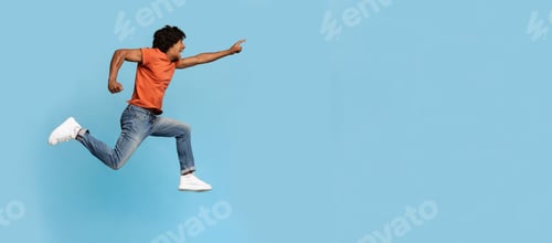 Preview: Excited black guy running towards copy space