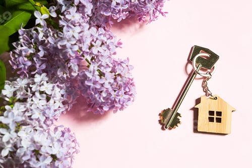 Preview: House key with keychain on pink spring background and lilac branches