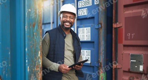 Preview: Supply chain, logistics and tablet with a man delivery worker walking in a container yard for expor