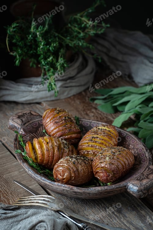 Preview: Whole baked potatoes with thyme in a wooden plate on an old rust