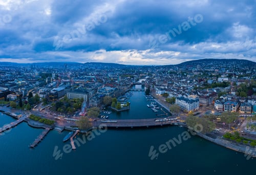 Preview: Zurich Old Town and Limmat River on Cloudy Evening. Switzerland. Aerial Panoramic View