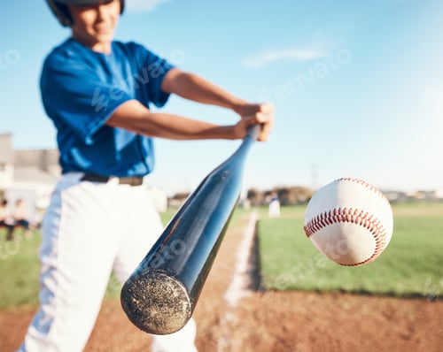 Preview: Baseball, hit and man on field for training, sports or fitness, competition or outdoor exercise. Pi