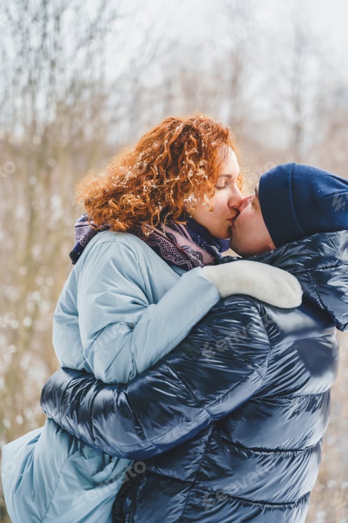 Preview: Love romantic love story. Happy couple of middle aged millennials, bright red-haired woman in