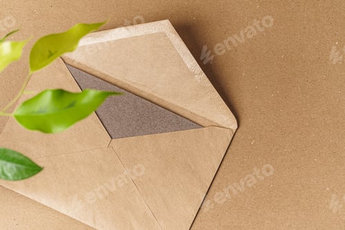 Preview: Flat lay craft paper card mockup with leaves