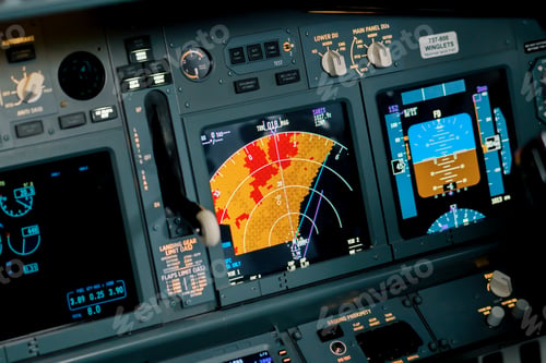 Preview: A detailed shot of the radar control and navigation panel in the cockpit of the Simulator plane