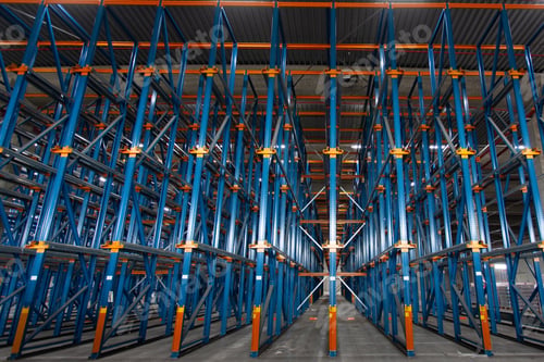 Preview: View of empty storage racks in a warehouse