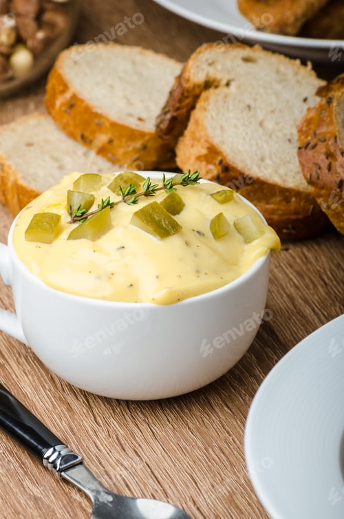 Creamy Cheese Dip with Pickles and Bread