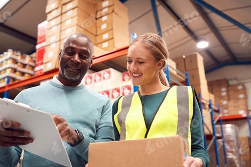Preview: Male Team Leader With Clipboard In Warehouse Training Intern Standing By Shelves