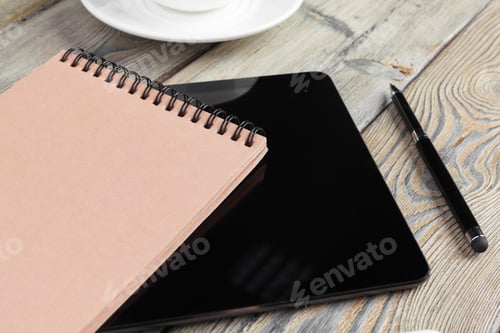 Preview: Working place, wooden table. close up. creative photo