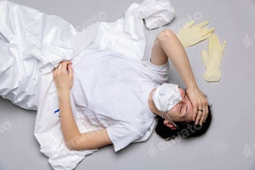 Preview: Tired doctor wearing mask and gloves at the hospital in coronavirus times