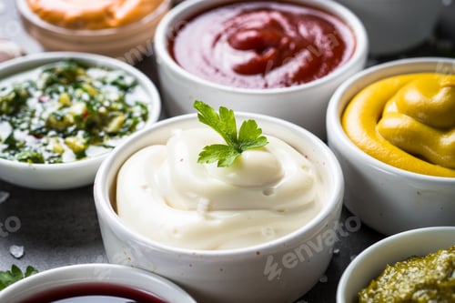 Preview: Sauce set assortment - mayonnaise, mustard, ketchup and others.