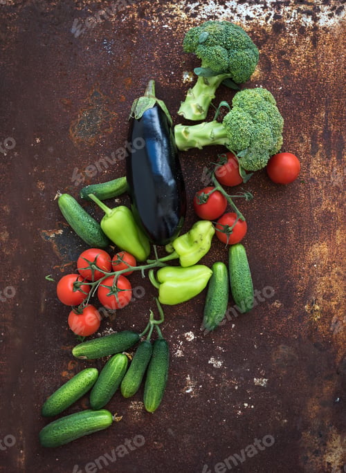 Preview: Vegetable mix of garden cherry tomatoes, cucumbers, paprikas, eggplant, broccoli