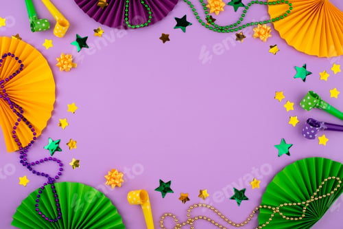 Preview: Vibrant Mardi Gras background with mask, beads, and festive decorations