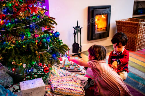 Preview: Girl and male toddler playing by living room christmas tree
