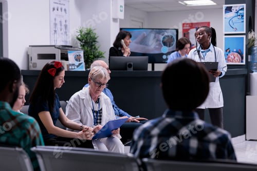 Preview: Senior pediatrician with clipboard doctor completing form for mother and child for routine checkup
