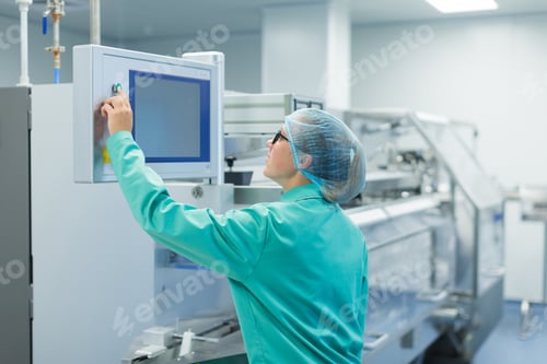 Preview: operator in the pharmaceutical factory near the equipment