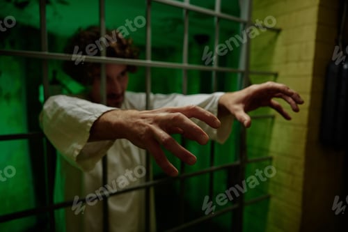 Preview: Mentally ill male patient with attack of rabies locked in cage ward