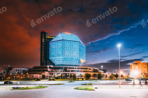 Preview: Minsk, Belarus. National Library Building In Summer Evening. Famous Architecture Landmark. Travel
