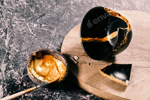 Preview: Bowl with a golden ointment to repair a pottery for the practice of kintsugi art.