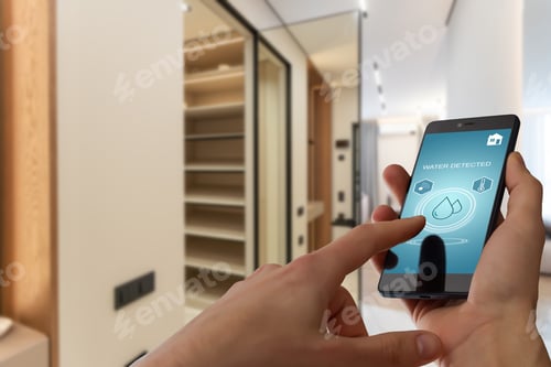 Preview: Mobile phone with app smarthome intelligent house automation remote control technology concept