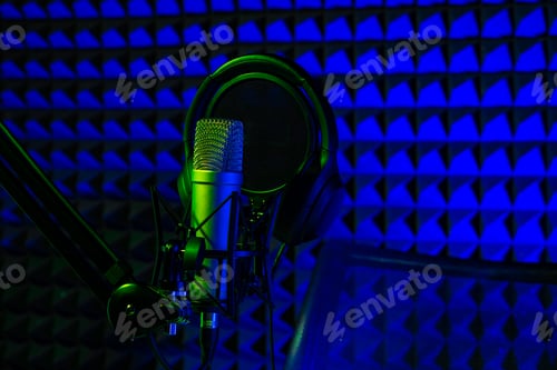 Preview: Professional microphone in a recording studio in blue light