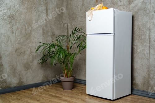 Preview: White Refrigerator Against Concrete Wall