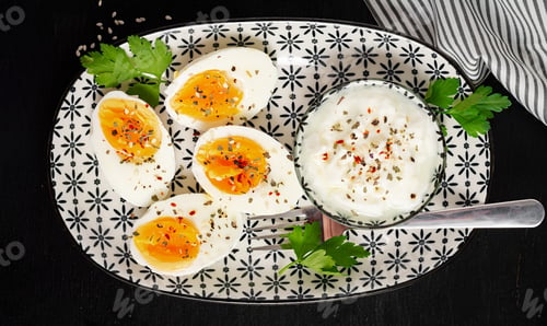Preview: Boiled eggs with yogurt, peppers, parsley and cup tea.