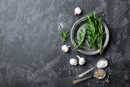 Preview: Rosemary, garlic, salt and white pepper, culinary background with various spices, directly above