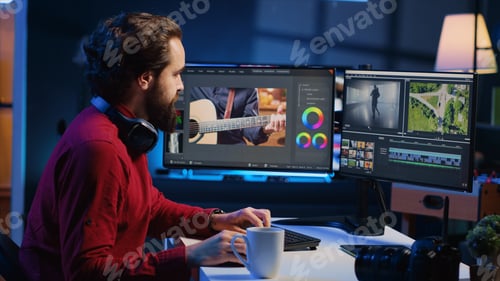 Preview: Video editor corrects faulty footage, grading and coloring, enjoys cup of coffee in creative studio