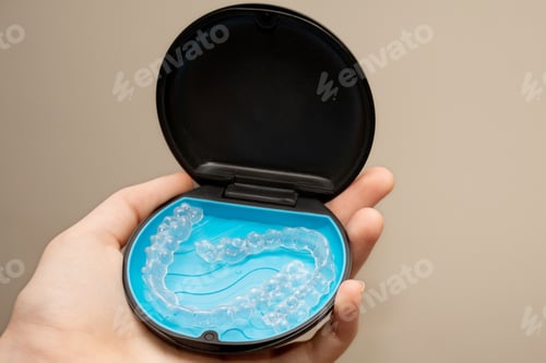 Preview: Transparent aligners and storage case. Invisible braces. Clear teeth straighteners. Plastic bracers