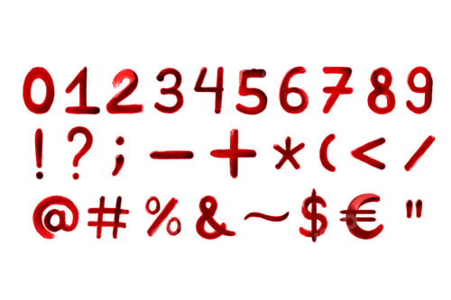 Preview: Numbers and symbols drawn with real red paint looking like blood isolated on white background.