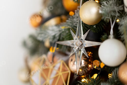Preview: Christmas tree decoration close up background. Garland, balls, illuminated lights