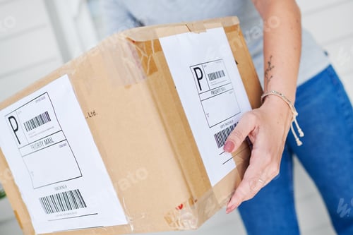 Preview: Cropped shot of an unrecognizable woman standing and delivering a box to a customer at their home