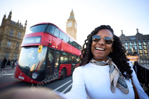 Preview: Smiling woman taking selfie in London with red bus and Big Ben