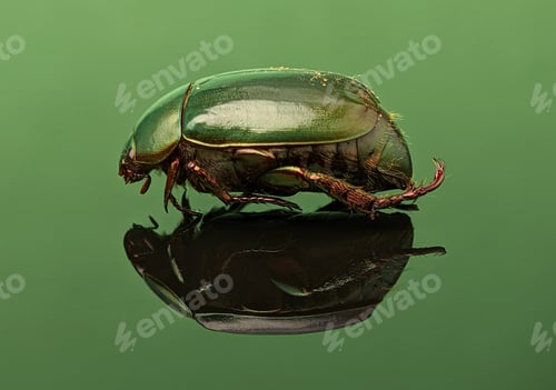Preview: Closeup of a green beetle with reflection on a green acrylic board