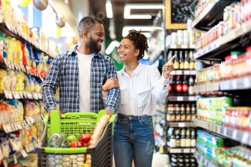 Preview: African Family Couple Shopping In Supermarket Buying Groceries Indoor