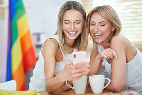 Preview: LGBT Lesbian couple love moments in the kitchen happiness concept