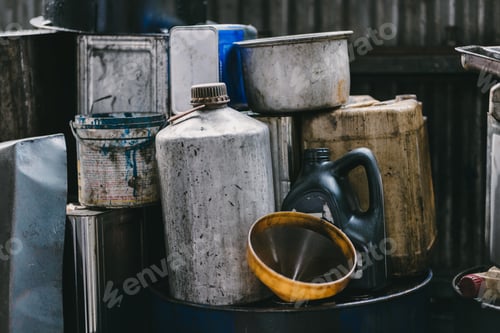 Preview: Black old used dirty motor oil in garage liquid waste from engine drain dump impact environment