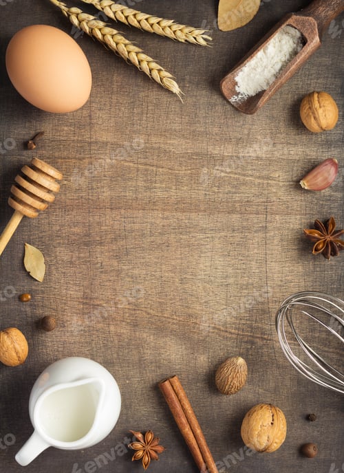 Preview: bakery ingredients on wooden background