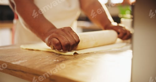 Preview: Baking, dough and hands with rolling pin in kitchen for cookies, biscuits or dessert preparation. C