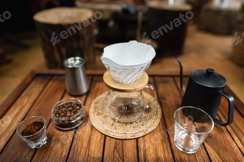 Preview: drip coffee on a wooden table at home